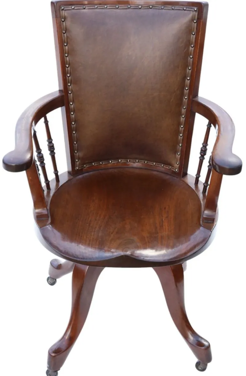 Pamono Antique Mahogany and Leather Swivel Captain's Chair, 1900s> Office Chairs