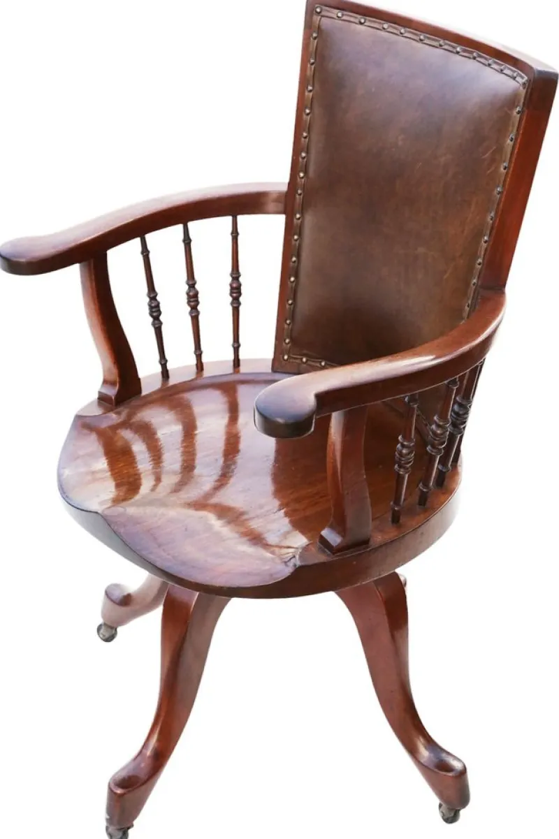 Pamono Antique Mahogany and Leather Swivel Captain's Chair, 1900s> Office Chairs