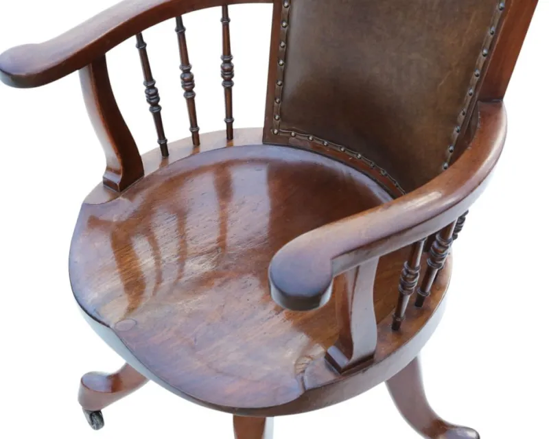 Pamono Antique Mahogany and Leather Swivel Captain's Chair, 1900s> Office Chairs