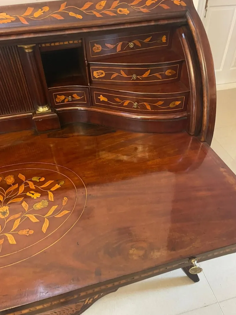 Outlet Pamono Antique Mahogany Floral Marquetry Inlaid Cylinder Bureau, 1780s