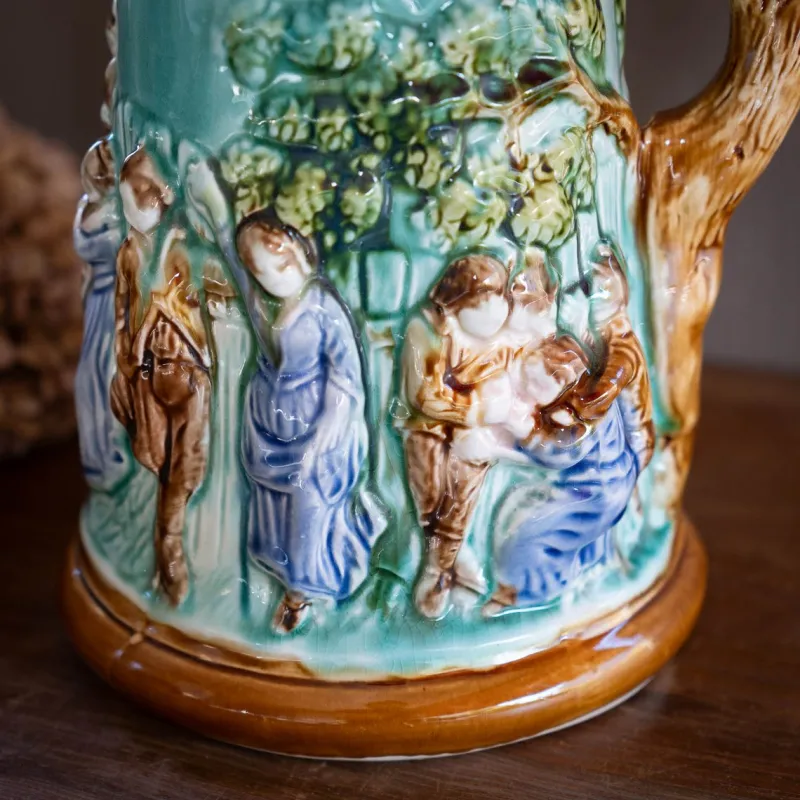 Pamono Antique Majolica Jug by Mouzin Leach & Cie, Nimy-Les-Mons, 1890s> Bottles, Carafes & Jugs