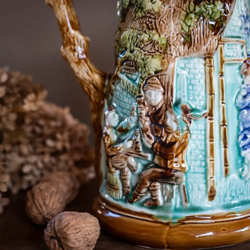 Pamono Antique Majolica Jug by Mouzin Leach & Cie, Nimy-Les-Mons, 1890s> Bottles, Carafes & Jugs