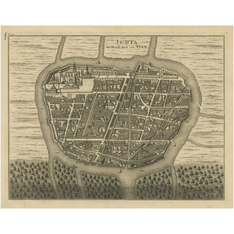 New Pamono Antique Map of Ayutthaya in Siam, 1726