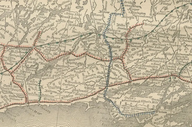 Hot Pamono Antique Map of Eastern Ontario The Heartland Province with Railroads, 1888