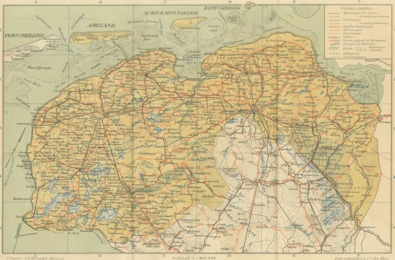 Clearance Pamono Antique Map of Friesland & Groningen, 1914