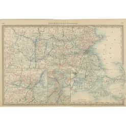 Pamono Antique Map of Massachusetts with The Bay State, Railroads & Boston Inset, 1888> Wall Decor