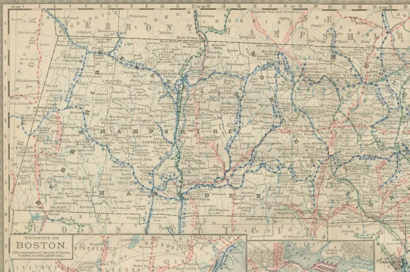 Pamono Antique Map of Massachusetts with The Bay State, Railroads & Boston Inset, 1888> Wall Decor