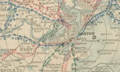 Pamono Antique Map of Massachusetts with The Bay State, Railroads & Boston Inset, 1888><noscript><img width=