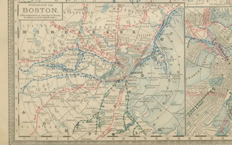 Pamono Antique Map of Massachusetts with The Bay State, Railroads & Boston Inset, 1888> Wall Decor