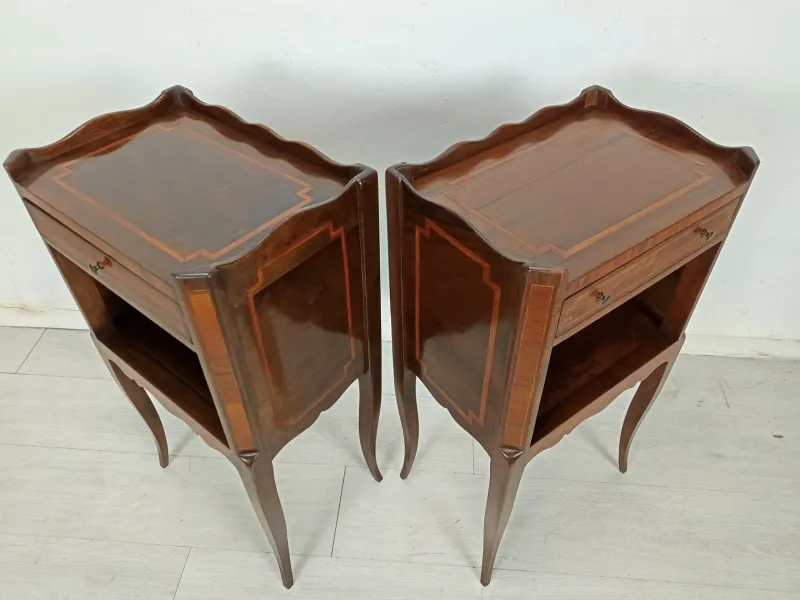 Pamono Antique Marquetry Bedside Tables, 1890s, Set of 2> Nightstands