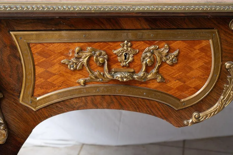 Clearance Pamono Antique Napoleon III French Exotic Wood Desk with Gilded Bronze Elements, France, 19th Century