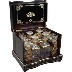 Hot Pamono Antique Napoleon III Liquor Cellar in Ebony with Brass Inlay, Set of 21