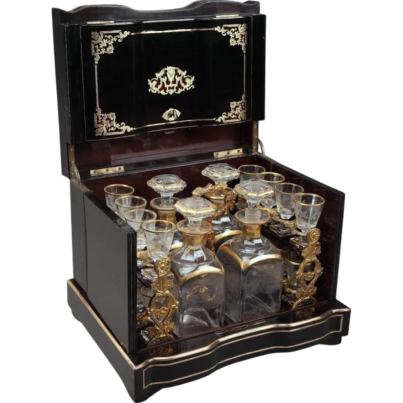 Hot Pamono Antique Napoleon III Liquor Cellar in Ebony with Brass Inlay, Set of 21