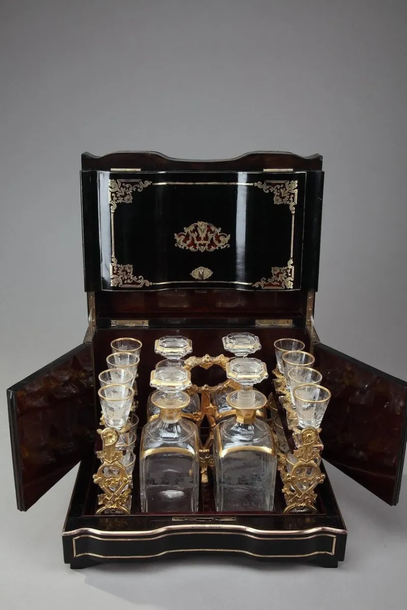 Hot Pamono Antique Napoleon III Liquor Cellar in Ebony with Brass Inlay, Set of 21