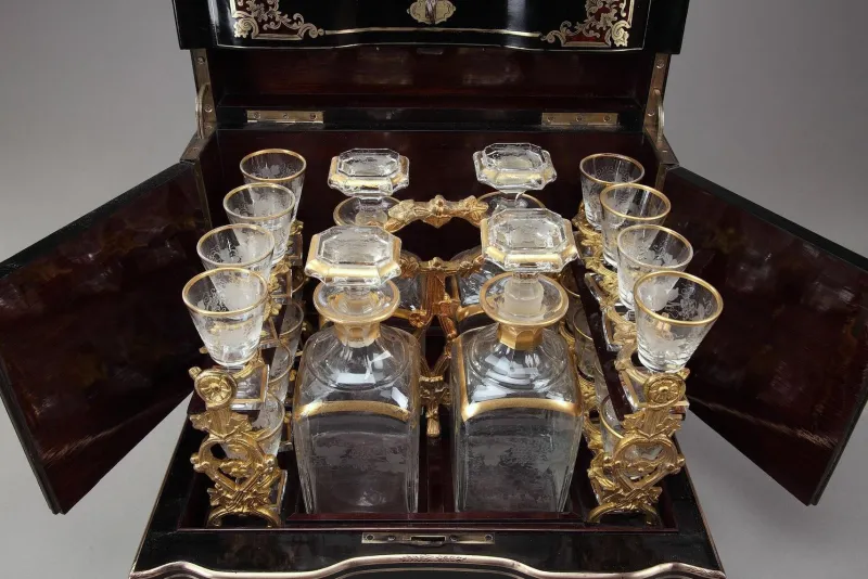 Hot Pamono Antique Napoleon III Liquor Cellar in Ebony with Brass Inlay, Set of 21