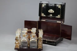 Hot Pamono Antique Napoleon III Liquor Cellar in Ebony with Brass Inlay, Set of 21