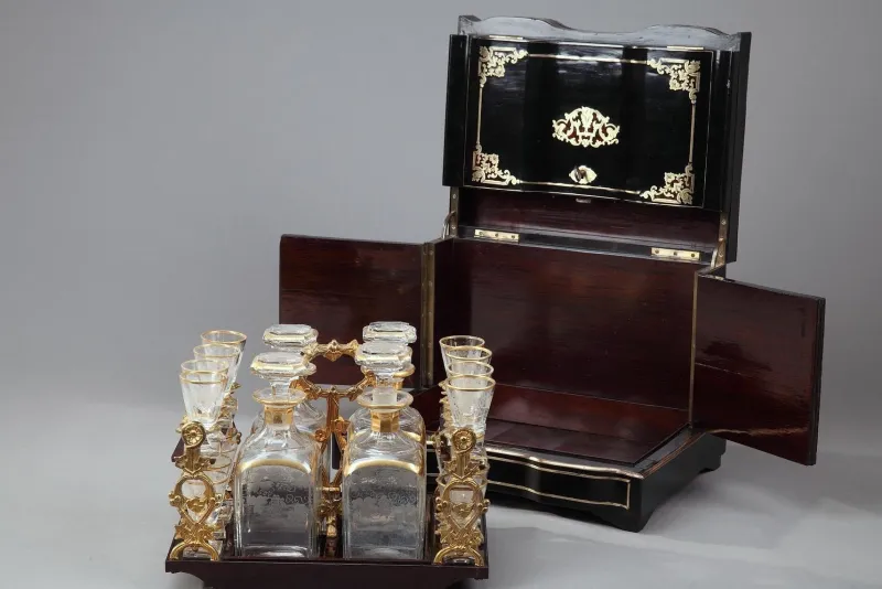 Hot Pamono Antique Napoleon III Liquor Cellar in Ebony with Brass Inlay, Set of 21