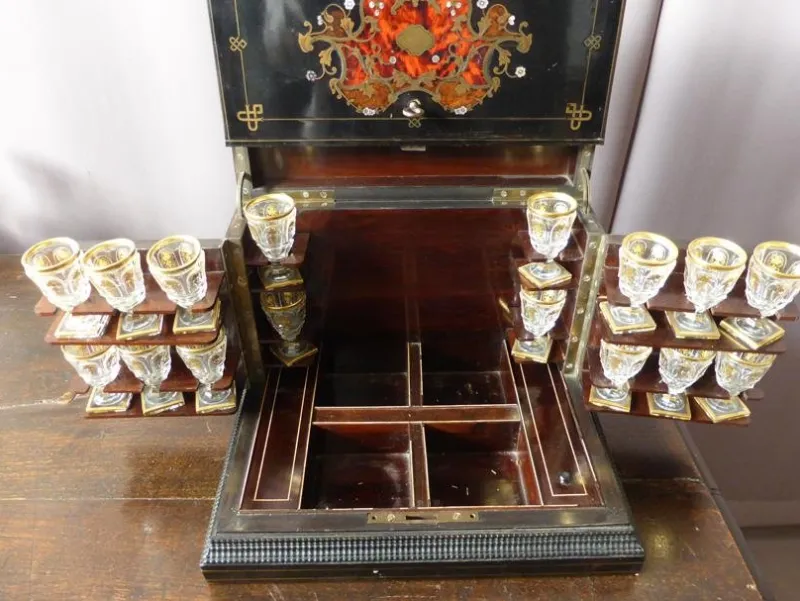 Pamono Antique Napoleon III Marquetry Liquor Cellar Set> Dinnerware Accessories