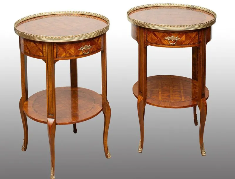 Pamono Antique Napoleon III Side Tables in Exotic Fine Woods, France, Early 20th Century, Set of 2> Nightstands