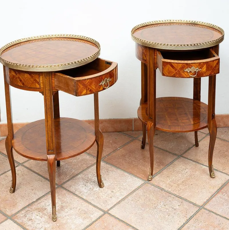 Pamono Antique Napoleon III Side Tables in Exotic Fine Woods, France, Early 20th Century, Set of 2> Nightstands