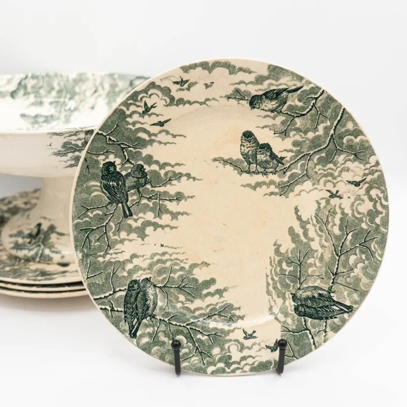 Clearance Pamono Antique Neige Cake Stand and Plates from Sarreguemines, 1900s, Set of 5