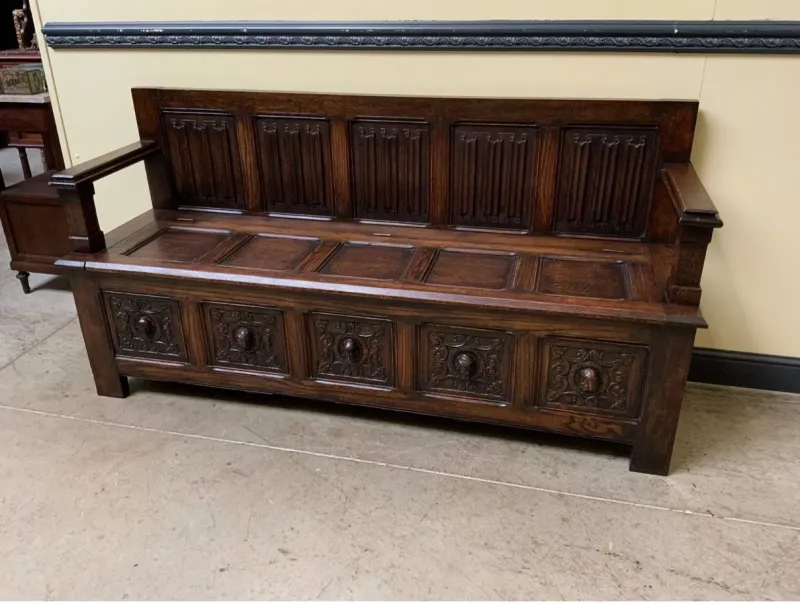 Pamono Antique Neo-Gothic Chest Bench, 1890s> Benches
