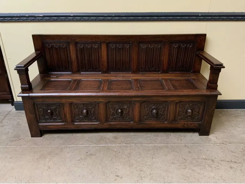 Pamono Antique Neo-Gothic Chest Bench, 1890s> Benches
