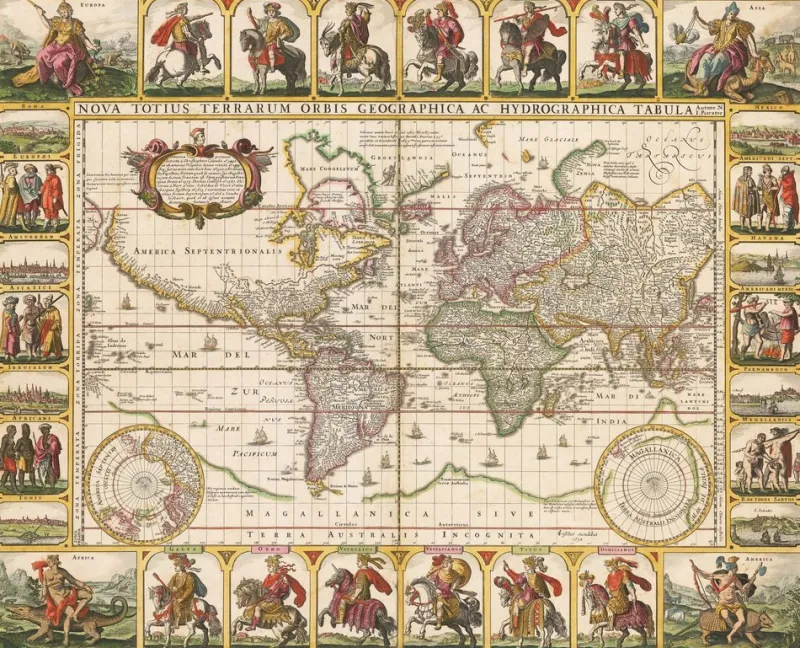 Pamono Antique Nova Totius Terrarum Orbis Geographica ac Hydrographica Tabula Claes Map by Janszoon Visscher, 1652> Wall Decor