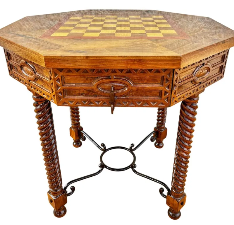 Discount Pamono Antique Octogonal Burnt Oak Inlaid Games Table with Two Drawers and Turned Legs, 1920s