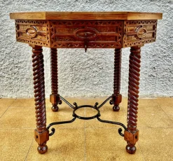 Discount Pamono Antique Octogonal Burnt Oak Inlaid Games Table with Two Drawers and Turned Legs, 1920s