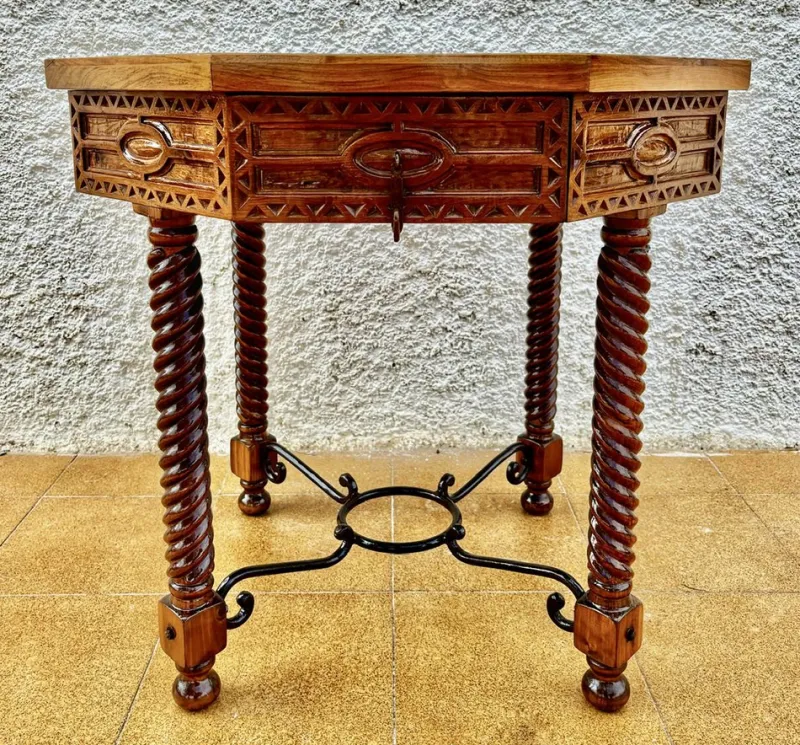Discount Pamono Antique Octogonal Burnt Oak Inlaid Games Table with Two Drawers and Turned Legs, 1920s