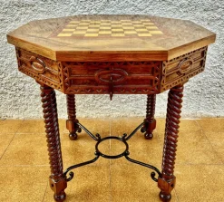 Discount Pamono Antique Octogonal Burnt Oak Inlaid Games Table with Two Drawers and Turned Legs, 1920s