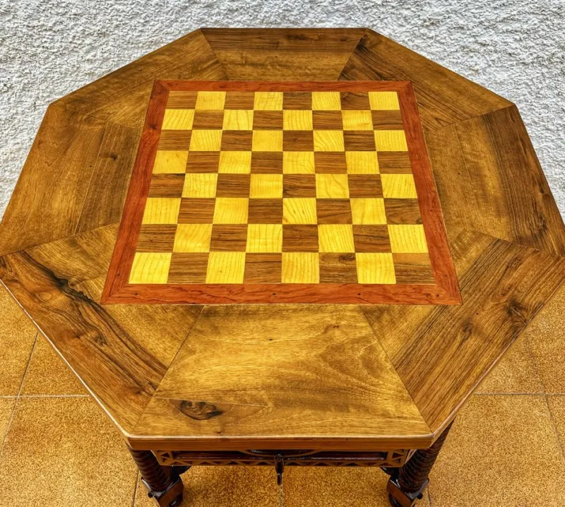 Discount Pamono Antique Octogonal Burnt Oak Inlaid Games Table with Two Drawers and Turned Legs, 1920s