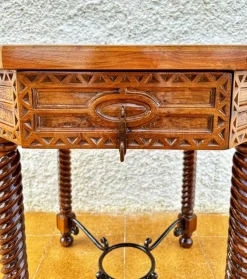 Discount Pamono Antique Octogonal Burnt Oak Inlaid Games Table with Two Drawers and Turned Legs, 1920s