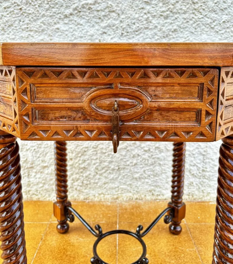 Discount Pamono Antique Octogonal Burnt Oak Inlaid Games Table with Two Drawers and Turned Legs, 1920s