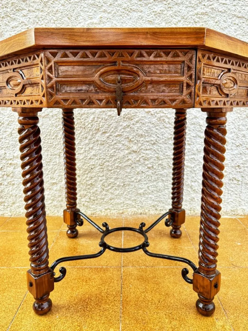 Discount Pamono Antique Octogonal Burnt Oak Inlaid Games Table with Two Drawers and Turned Legs, 1920s