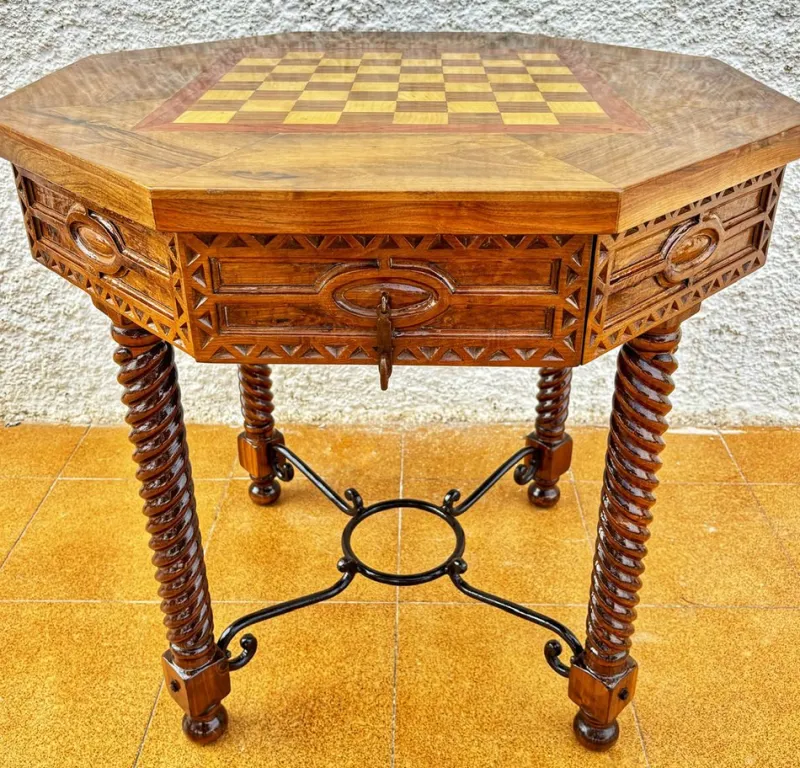 Discount Pamono Antique Octogonal Burnt Oak Inlaid Games Table with Two Drawers and Turned Legs, 1920s