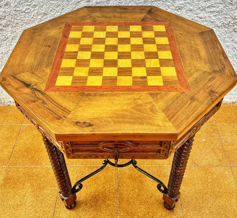 Discount Pamono Antique Octogonal Burnt Oak Inlaid Games Table with Two Drawers and Turned Legs, 1920s