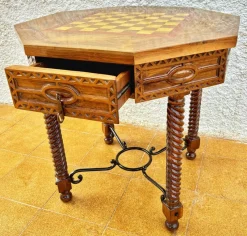 Discount Pamono Antique Octogonal Burnt Oak Inlaid Games Table with Two Drawers and Turned Legs, 1920s