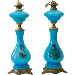Pamono Antique Opaline Glass Oil Table Lamps Depicting Napoleon and Josephine, 1890s, Set of 2