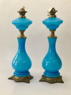 Pamono Antique Opaline Glass Oil Table Lamps Depicting Napoleon and Josephine, 1890s, Set of 2