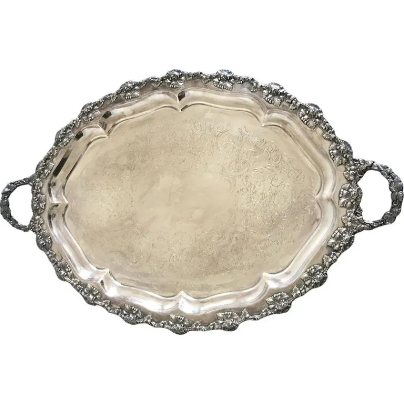 Sale Pamono Antique Oval Engraved Sheffield Tray with Handles, 1850