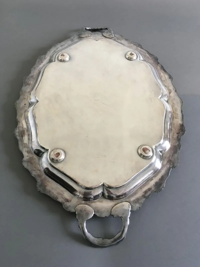 Sale Pamono Antique Oval Engraved Sheffield Tray with Handles, 1850
