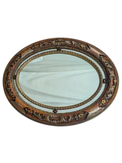 Pamono Antique Oval Mirror with Carved Wood Frame> Mirrors