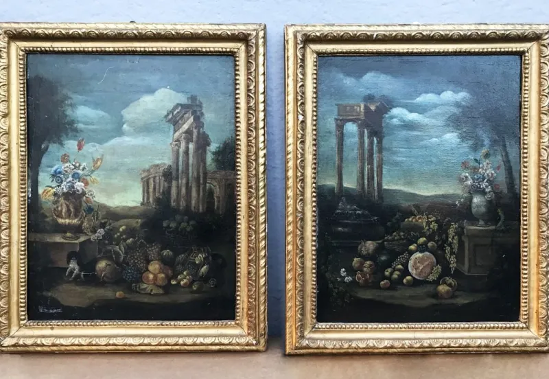 Pamono Antique Paintings, Oil on Canvas, Framed, Set of 2> Classical