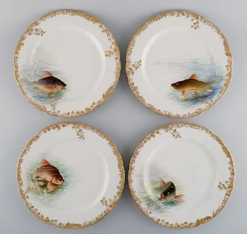 Pamono Antique Pirkenhammer Porcelain Dinner Plates with Hand-Painted Fish, Set of 12> Dinner Plates & Bowls
