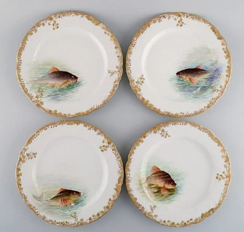 Pamono Antique Pirkenhammer Porcelain Dinner Plates with Hand-Painted Fish, Set of 12> Dinner Plates & Bowls
