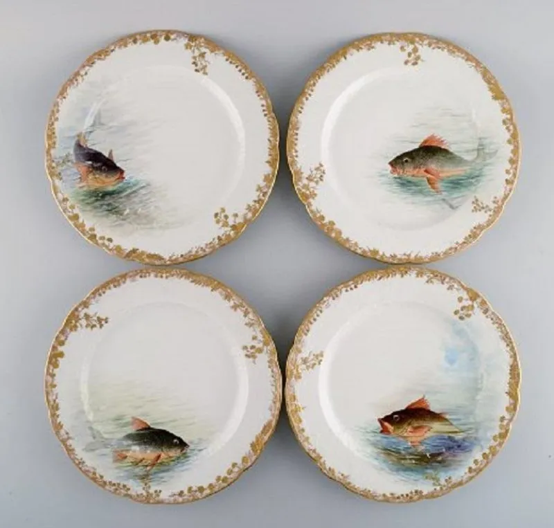 Pamono Antique Pirkenhammer Porcelain Dinner Plates with Hand-Painted Fish, Set of 12> Dinner Plates & Bowls