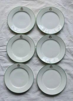 Pamono Antique Porcelain Dessert Plates with CB Monograms and Green and Gilt Borders from Limoges, 1960s, Set of 6> Dinner Plates & Bowls