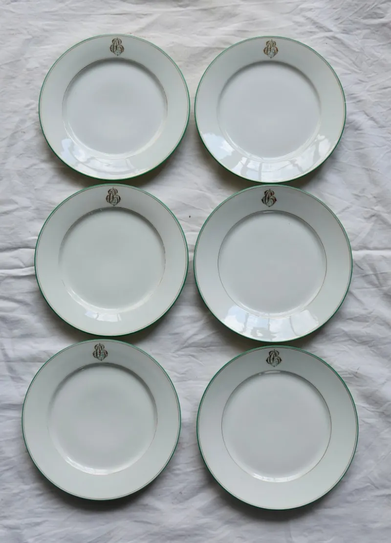 Pamono Antique Porcelain Dessert Plates with CB Monograms and Green and Gilt Borders from Limoges, 1960s, Set of 6> Dinner Plates & Bowls
